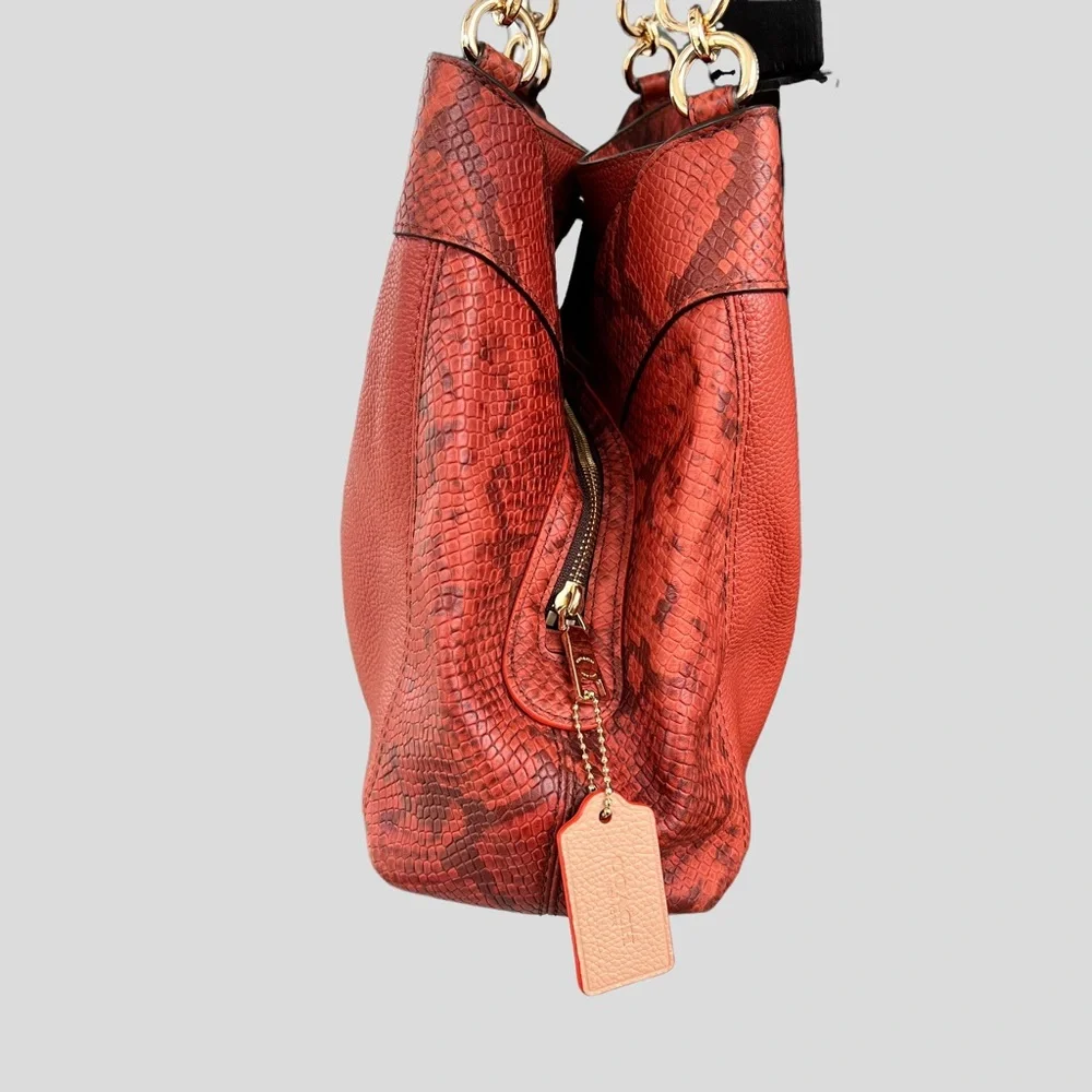 Coach Lexy Orange/Cognac Pebbled Leather Python Embossed Trim Gold Tone Hardware - Picture 9 of 15